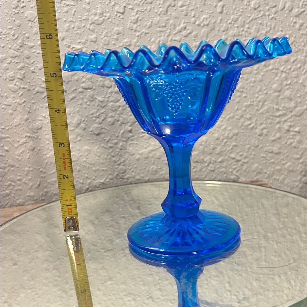 Blue Glass Ruffled Edge Compote, Cottage Core, Boho chic - Picture 3 of 10